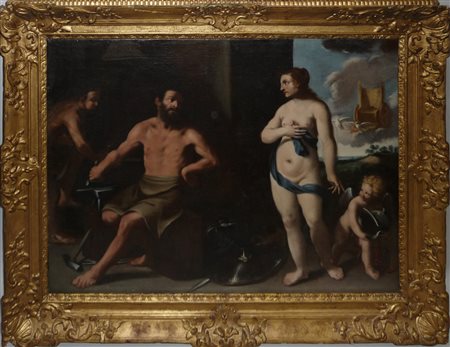 SCUOLA EMILIANA DEL XVII SECOLO Venere e Amore nella fucina di Vulcano olio...