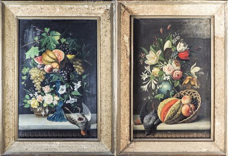 MICHELANGELO MEUCCI (1840-1909) Trionfo di fiori e frutta con cacciagione...