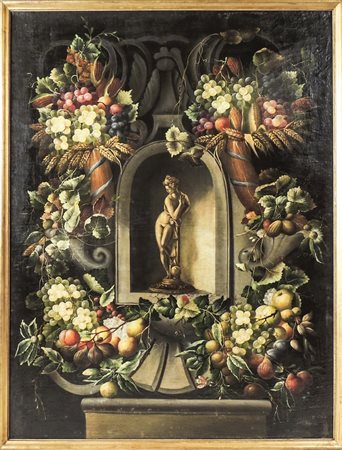 TRIONFO DI FIORI E FRUTTA CON SCULTURA CLASSICA olio su tela, in cornice cm...