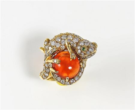 ANELLO ANIMALIER IN ORO GIALLO, OPALE DI FUOCO E BRILLANTI attribuibile a...