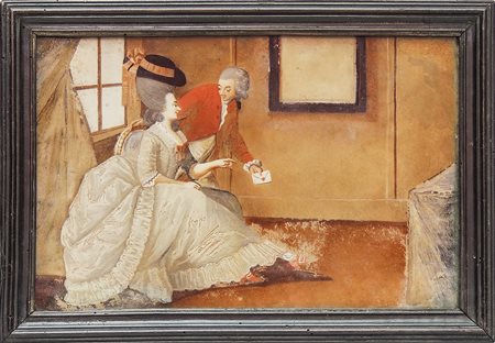 LA LETTERA XVIII secolo dipinto ad olio su vetro, in cornice, difetti cm 20x30