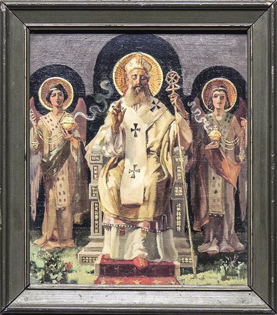 EUGENIO CISTERNA (1862-1933) San Nicola da Bari e due angeli olio su...