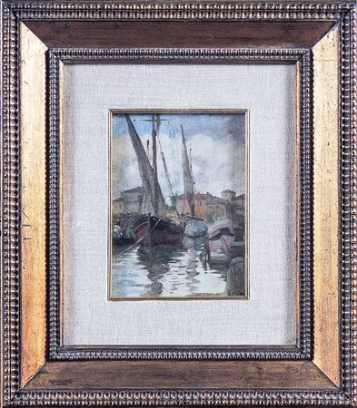 GIUSEPPE ROSSI (1876-1951) Barche al porto olio su tela applicata a cartone,...