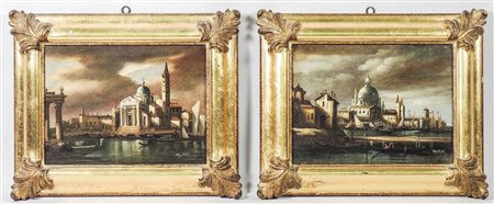 VEDUTE VENEZIANE coppia di dipinti ad olio su tela, firmati, in cornice cm 30x40