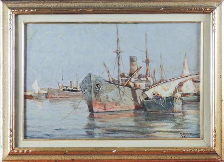 RENUCCIO RENUCCI (1880-1947) Barche al porto olio su tavoletta, firmato, in...