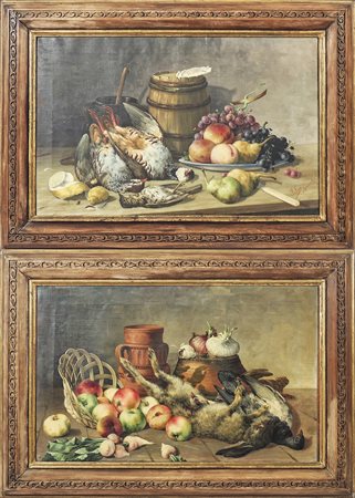 NATURE MORTE CON FRUTTA E SELVAGGINA coppia di dipinti ad olio su tela, uno...