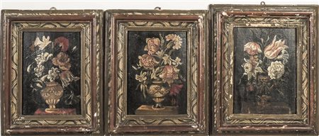 TRIONFI DI FIORI serie di tre dipinti ad olio su tavoletta, in cornici...