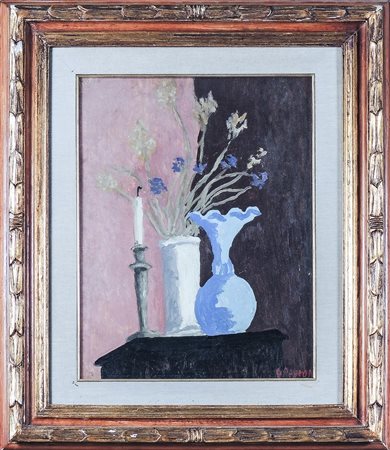 GUIDO PEYRON (1898-1960) Natura morta con vasi, fiori e candela olio su...