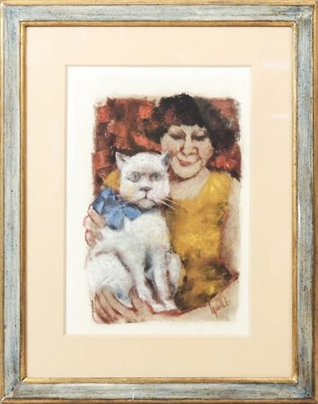 REMO SQUILLANTINI (1920-1996) Figura femminile con gatto tecnica mista su...