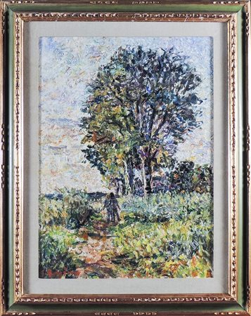 GUIDO BORGIANNI (1915-2011) Paesaggio di campagna con figure olio su tela,...
