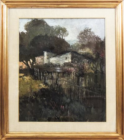 REMO SQUILLANTINI (1920-1996) Paesaggio campestre olio su cartone, firmato e...