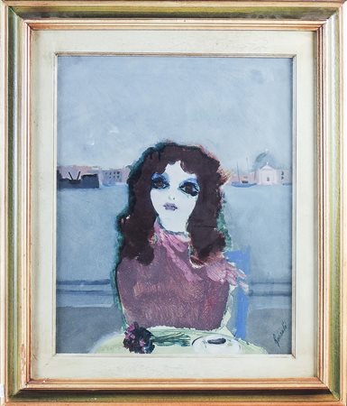 RENATO BORSATO Ritratto femminile con veduta di Venezia sullo sfondo olio su...