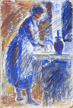 QUINTO MARTINI (1908-1990) Veduta d'interno con donna olio su tavoletta,...