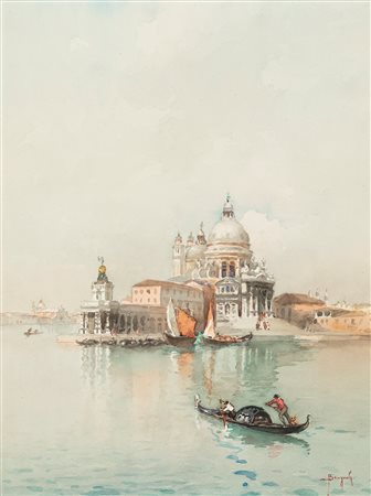 Emanuele Brugnoli (Bologna 1859-Venezia 1944)  - Venezia, Punta della Dogana con la Salute