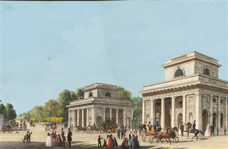 Stampa acquerellata a mano, su disegno di Federico Lose (Dresda 1776-Milano 1833), raffigurante Porta Venezia a Milano