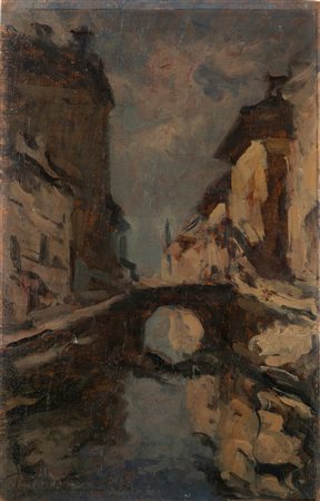 Achille Cattaneo (Limbiate 1872-Milano 1931)  - Scorcio di Naviglio a Milano, 1917