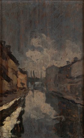 Achille Cattaneo (Limbiate 1872-Milano 1931)  - Naviglio a Milano, 1917