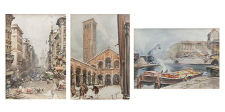 Aldo Raimondi (Roma 1902-Milano 1998)  - Vedute di Milano: Sant'Ambrogio; la Darsena; verso il Castello Sforzesco