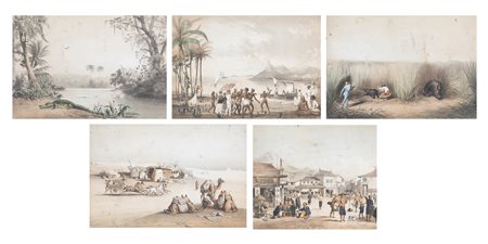 Lotto composto da cinque stampe dalla serie Reise des Grafen Emanuel Andrasy in Ostindien Ceylon, Java, China und Bengalen, edita da Hermann Geibel, Budapest, 1859