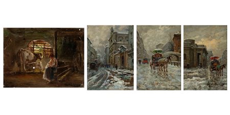 Giuseppe Solenghi (Milano 1879-Cernobbio 1944)  - Tre vedute di Milano sotto la neve e Scena di interno