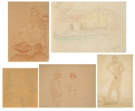 Pio Semeghini (Quistello 1878 ‑ Venezia 1964) ‑ Lotto di 5 disegni su carta:...