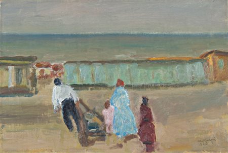 Aldo Carpi (Milano 1886 ‑ 1973) “Famiglia al mare” 1966 olio su tela, cm...