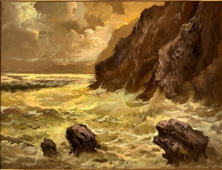 Augusto Radice (1913-2001) Dipinto ad olio su tavoletta raffigurante scogliera con mare agitato, firmato A. Radice. Cm 30x40 