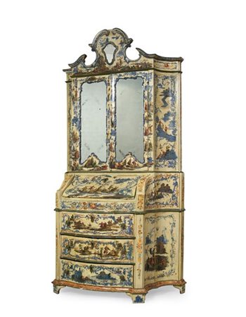 Trumeau in legno intagliato, dipinto e laccato a chinoiserie, scene di festa, v