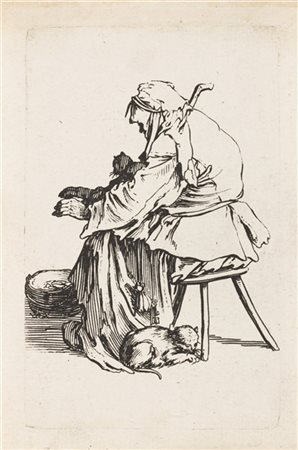 Jacques Callot "La vecchia con i gatti", dalla serie "i Mendicanti", acquaforte,