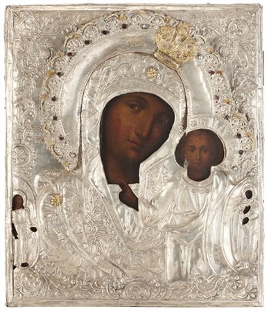 Arte russa, secolo XIX. Madonna di Kazan, icona a tempera su tavola, riza sbalz