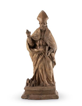 Scultore del secolo XVIII. Figura di Vescovo benedicente in terracotta (h. cm 5