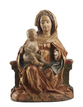 Scultore del secolo XVII "Madonna con Bambino Salvator Mundi" in legno intaglia