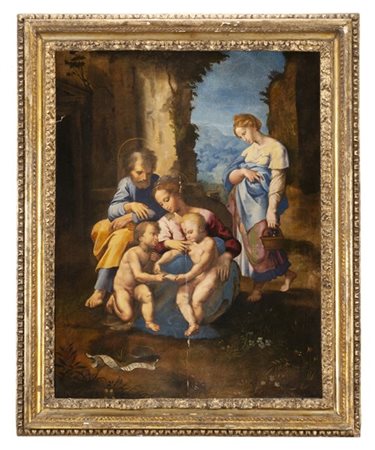 Da Giulio Romano"Sacra Famiglia"olio su tavola (cm 103x78)in cornice (difet