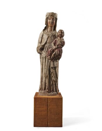 Scultore dell'Italia meridionale, secolo XIV. "Madonna con Bambino" in legno in