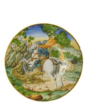 Manifattura del secolo XIX. Piatto in maiolica istoriata decorata in policromia