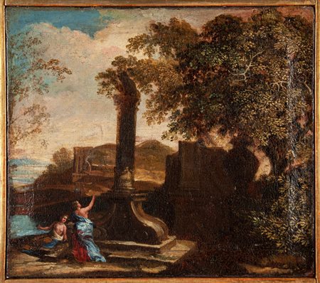 Pittore del XVIII secolo Paesaggio con figure e rovine classiche