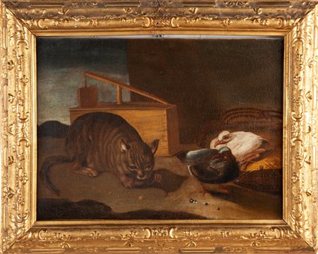 Pittore lombardo del XVIII secolo Gatto e colombi