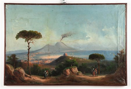 Scuola napoletana, fine XIX/inizi XX secolo Tre vedute della baia di Napoli col Vesuvio fumante