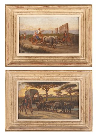 Pittore del XIX secolo Campagna romana con carro con buoi