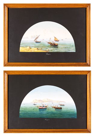 Pittore degli inizi del XX secolo a) Barche con pescatori a Capri  b) Barche con pescatori ai faraglioni
