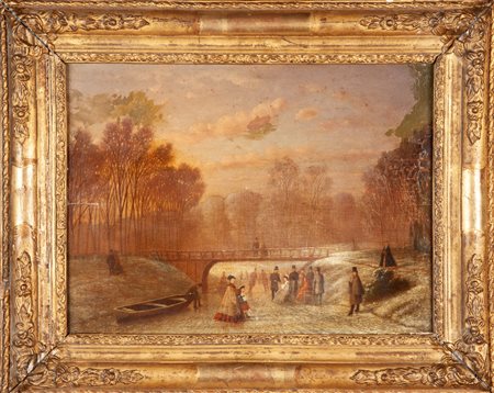 Pittore del XIX secolo Paesaggio con fiume ghiacciato