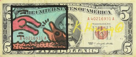 Keith Haring (1958 - 1990) FIVE DOLLARS intervento su banconota, cm 6,6x15,6...