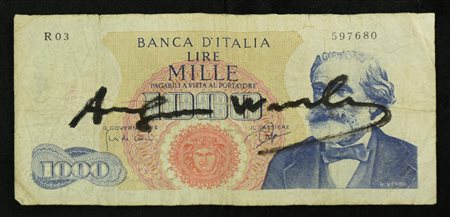 Andy Warhol (1928 - 1987) MILLE LIRE pennafeltro su banconota, cm 6x12,5...