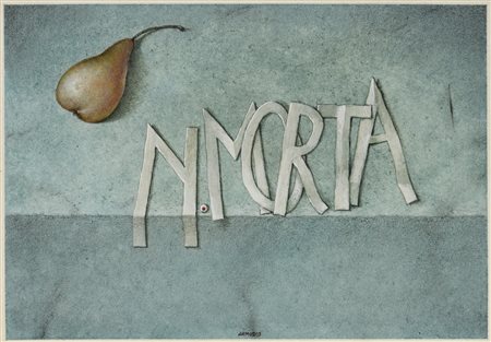 Armodio (1938) PERA CON NATURA MORTA, 1984 tempera su carta, cm 17,5x25 firma...