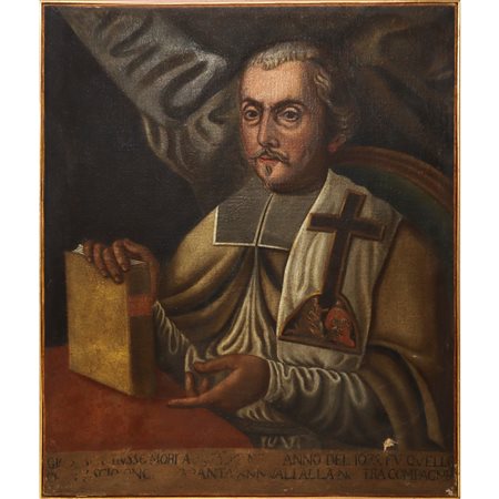 Personaggio ecclesiastico con scritta alla base presenti cadute di colore, 1675