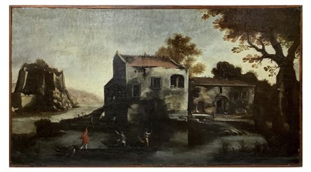 Giuseppe Zais (cerchia di) (Forno di Canale 22/03/1709-Treviso 29/12/1781)  - Paesaggi fluviale con alberi frondosi, barche con pescatori, case e torri in lontananza, 18° secolo 