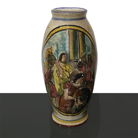 Vaso in ceramica di Caltagirone invetriata con raffigurazione di personaggi 