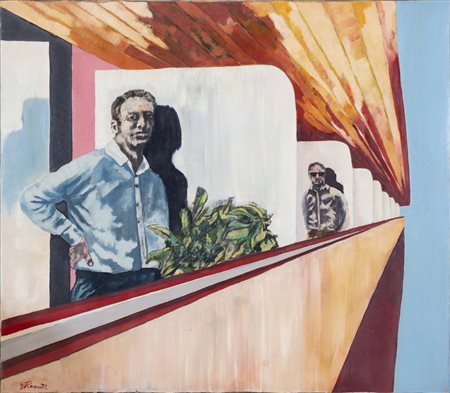 GIORGIO ROSSI (Milano, 1940) Uomo al balcone 1972 olio su tela cm. 90x80...