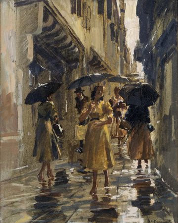 COSIMO PRIVATO (Venezia, 1889 - 1971) Passeggiata con la pioggia olio su tela...