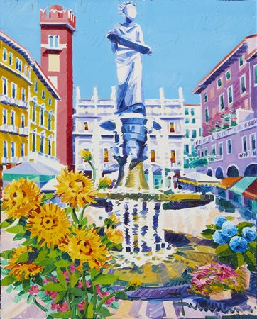 FACCINCANI ATHOS (n. 1951) - Piazza Erbe e la sua statua.